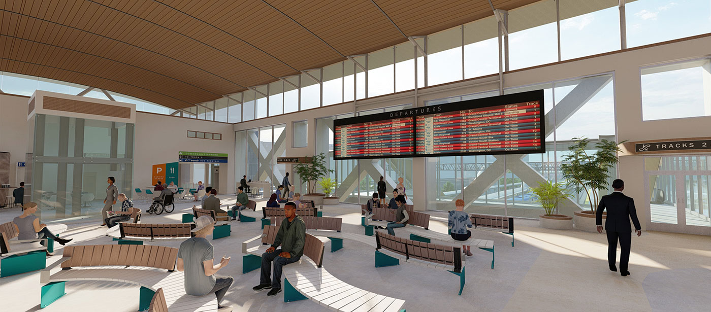 Rendering showing view of open mezzanine concept.